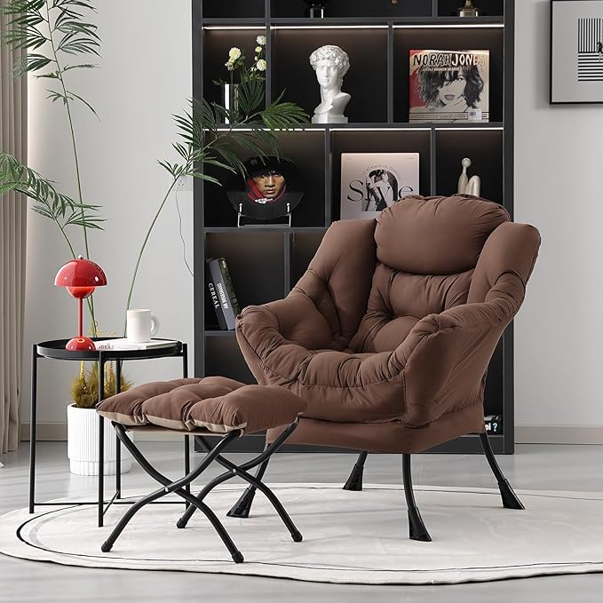 Lazy Chair with Ottoman, Modern Accent Chair Contemporary Lounge Leisure Upholstered Sofa Chair Set with Armrests, Reading Chair for Living Room, Bedroom, Office, Dark Brown - LeafyLoom