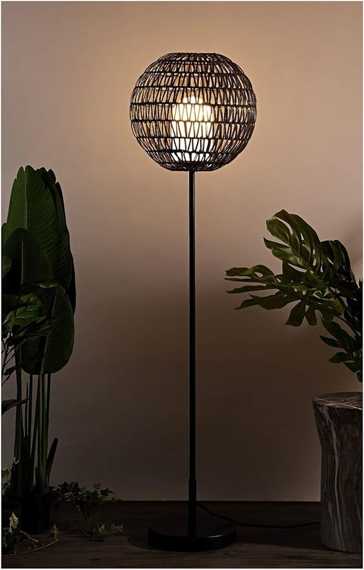 JONATHAN Y JYL6507A Bea 61" Outdoor Woven Globe LED Floor Lamp, Bohemian, Transitional, Scandinavian, Modern, Contemporary, Modern, Office, Bedroom, Living Room, Family Room, Dining Room, Coffee/Black - LeafyLoom