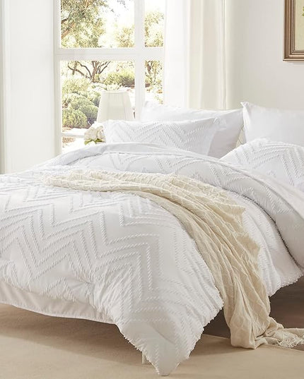 Anluoer Full Comforter Set, White Tufted Bed in a Bag 7 Pieces with comforters and sheets, All Season Bedding Sets with 1 Comforter, 2 PillowShams, 2 Pillowcases, 1 Flat Sheet, 1 Fitted Sheet - LeafyLoom