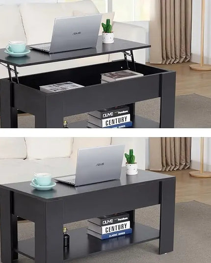 FDW Lift Top Coffee Table with Hidden Compartment and Storage Shelf Wooden Lift Tabletop for Home Living Room Reception Room Office (Black) - LeafyLoom