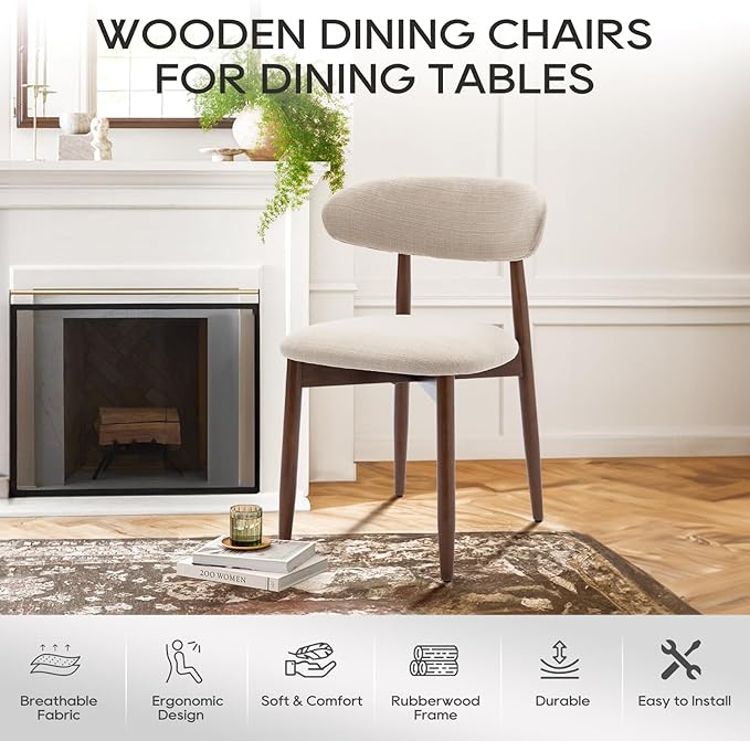 COLAMY Wooden Dining Chairs Set of 6, Modern Fabric Upholstered Kitchen Side Chairs, Farmhouse Dining Room Chair with Foot Pegs, Beige - LeafyLoom