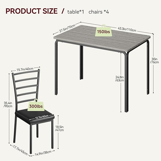 IDEALHOUSE Dining Table for 4, Small Table and Chairs Set of 4, Dinette Set for 4, Square Dinner Table Set, 3 Piece Kitchen & Dining Room Sets for Small Space (Grey, Dining Table with 4 Chairs) - LeafyLoom