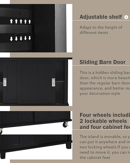 Cart with Rubber Wood Drop-Leaf Countertop and Sliding Barn Door, Rolling Mobile Island on Wheels w/Storage and Towel Rack for Dining Room Kitchen, Black, 52.2 Inch - LeafyLoom