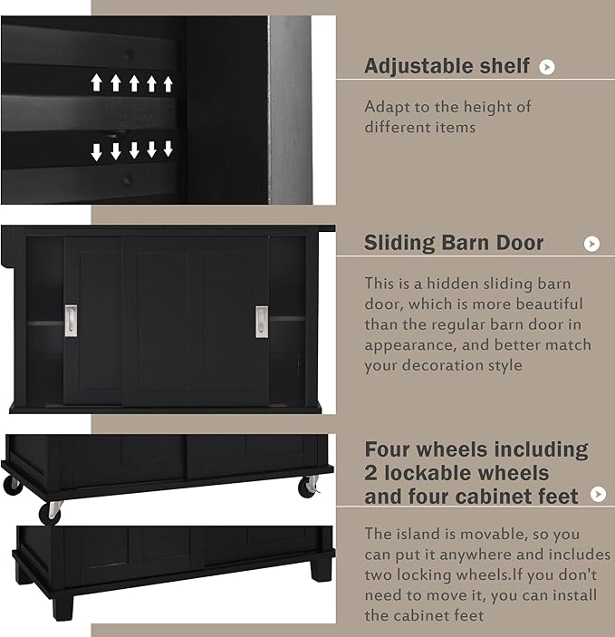 Cart with Rubber Wood Drop-Leaf Countertop and Sliding Barn Door, Rolling Mobile Island on Wheels w/Storage and Towel Rack for Dining Room Kitchen, Black, 52.2 Inch - LeafyLoom
