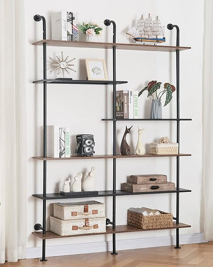 HOMISSUE Industrial Bookshelf 6-Tier Open Wall Mount Ladder Bookshelf, Modern Bookcase with Metal Frame and Wood Style for Home Office, Wall Mounted industrial Iron Pipe Shelf, Brown - LeafyLoom