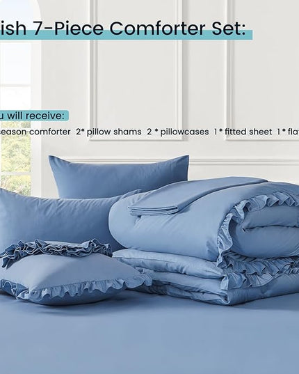 Full Bed in a Bag 7 Pieces Full Size Comforter Set, Ruffle Shabby Chic Bedding Comforter Set Blue Bed Set with Comforter, Pillowcases, Flat Sheet, Fitted Sheet and Pillow Shams - LeafyLoom