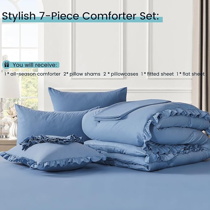Full Bed in a Bag 7 Pieces Full Size Comforter Set, Ruffle Shabby Chic Bedding Comforter Set Blue Bed Set with Comforter, Pillowcases, Flat Sheet, Fitted Sheet and Pillow Shams - LeafyLoom