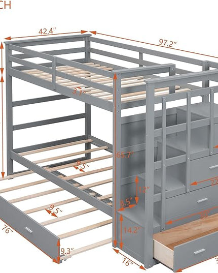 Twin Over Twin Bunk Bed with Stairs, 4 Storage Drawers and Trundle, Wooden Bunkbeds with Staircase and Full-Length Guardrails, for Kids/Teens Bedroom, Gray - LeafyLoom