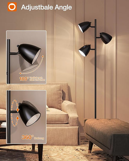 addlon Tree Floor Lamp with remote, 3 Adjustable Rotating Light and Matching LED Bulbs, Standing Tall Pole Lamps for Living Room, Bedroom, Home, Office - Black - LeafyLoom