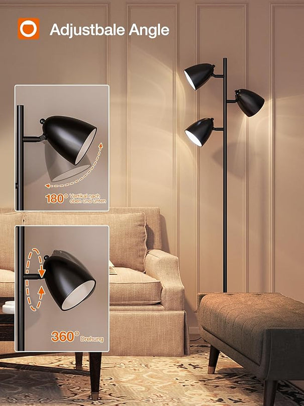 addlon Tree Floor Lamp with remote, 3 Adjustable Rotating Light and Matching LED Bulbs, Standing Tall Pole Lamps for Living Room, Bedroom, Home, Office - Black - LeafyLoom