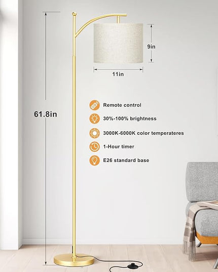Ambimall Floor Lamp with Remote Control and Stepless Dimmable Bulb, Colors Temperature & Brightness Adjustable, Modern Floor Lamps for Living Room（Beige Shade & Gold Pole） - LeafyLoom