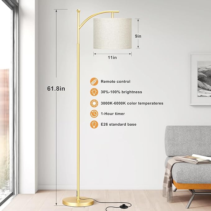 Ambimall Floor Lamp with Remote Control and Stepless Dimmable Bulb, Colors Temperature & Brightness Adjustable, Modern Floor Lamps for Living Room（Beige Shade & Gold Pole） - LeafyLoom