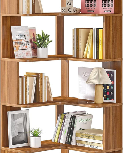 6-Shelf Corner Bookshelf, 65” Tall L Shaped Bookcase, 6-Tier Industrial Corner Shelf Storage Display Rack for Living Room Home Office, Wood Grain Walnut - LeafyLoom