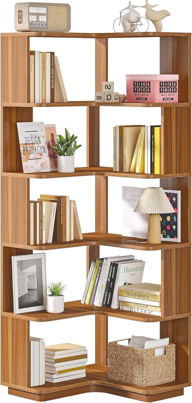 6-Shelf Corner Bookshelf, 65” Tall L Shaped Bookcase, 6-Tier Industrial Corner Shelf Storage Display Rack for Living Room Home Office, Wood Grain Walnut - LeafyLoom