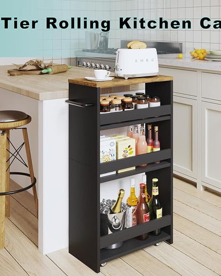 MARTY Rolling Storage Cart 7.9" W, 4-Tier Black Kitchen Cart on Wheels, Slim Storage Cart with Handle for Laundry Narrow Places Bathroom Small Corner - LeafyLoom