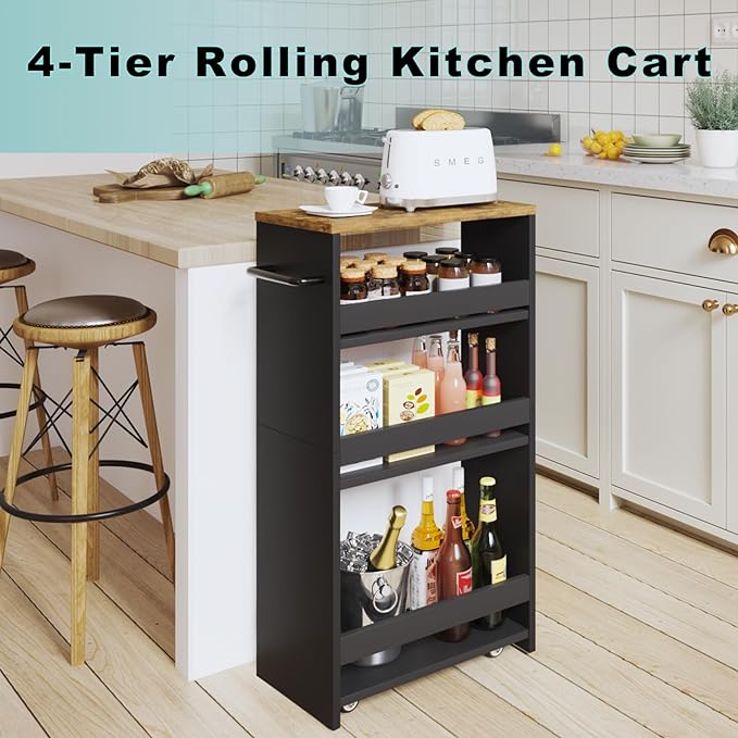 MARTY Rolling Storage Cart 7.9" W, 4-Tier Black Kitchen Cart on Wheels, Slim Storage Cart with Handle for Laundry Narrow Places Bathroom Small Corner - LeafyLoom