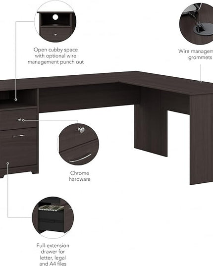 Bush Furniture L Shaped Desk with Drawers for Executive and Home Office | Cabot Collection Corner Table with Storage and Chrome Hardware | 72Wx23DX42W Return - LeafyLoom
