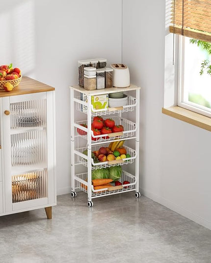 Pull-Out Kitchen Storage Cart 5 Tier Kitchen Fruit Cart on Wheels,Fruit Basket for Kitchen,Bedroom Kitchen Organizer and Storage Rack, Potato Onion Vegetable Storage (White) - LeafyLoom