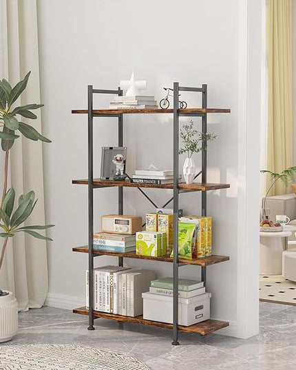 4 Tiers Bookshelf Rustic Brown Wooden Storage Shelf, Industrial shelf Book Organizer,Modern Open Display Storage Bookcase,Metal Bookshelf Standing Tall Shelving Units for Home Office Study. - LeafyLoom