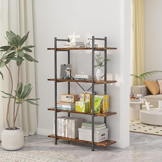 4 Tiers Bookshelf Rustic Brown Wooden Storage Shelf, Industrial shelf Book Organizer,Modern Open Display Storage Bookcase,Metal Bookshelf Standing Tall Shelving Units for Home Office Study. - LeafyLoom