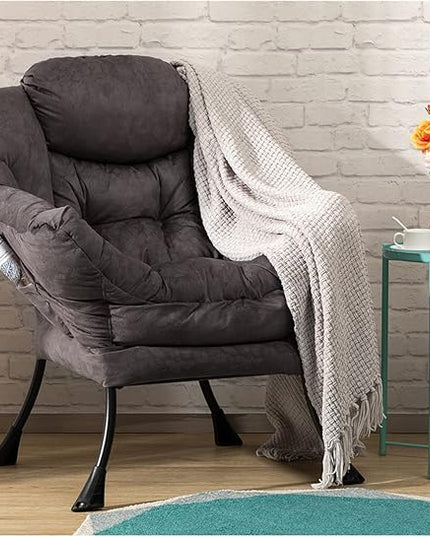 HollyHOME Modern Fabric Large Lazy Chair, Accent Oversized Comfy Reading Chair, Thick Padded Cozy Lounge Chair with Armrest, Steel Frame Leisure Sofa Chair for Living Room, Bedroom, Dorm, Coffee Grey - LeafyLoom