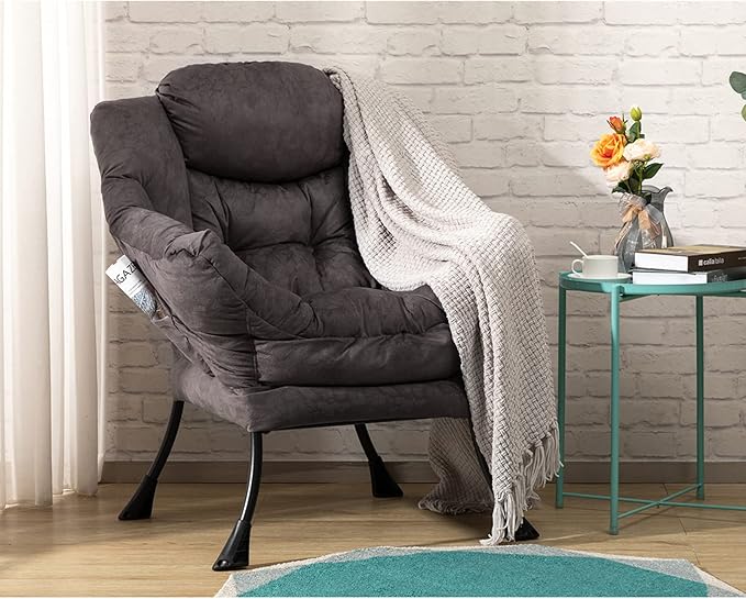 HollyHOME Modern Fabric Large Lazy Chair, Accent Oversized Comfy Reading Chair, Thick Padded Cozy Lounge Chair with Armrest, Steel Frame Leisure Sofa Chair for Living Room, Bedroom, Dorm, Coffee Grey - LeafyLoom