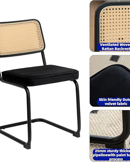 Dining Chairs Set of 2, Velvet Rattan Side Accent Chairs with Chrome Legs, Modern Mid Century Breuer Designed Chairs, Upholstered Dining Living Room Kitchen Chairs (Black-2pcs) - LeafyLoom