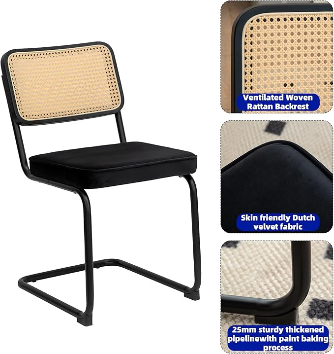 Dining Chairs Set of 2, Velvet Rattan Side Accent Chairs with Chrome Legs, Modern Mid Century Breuer Designed Chairs, Upholstered Dining Living Room Kitchen Chairs (Black-2pcs) - LeafyLoom