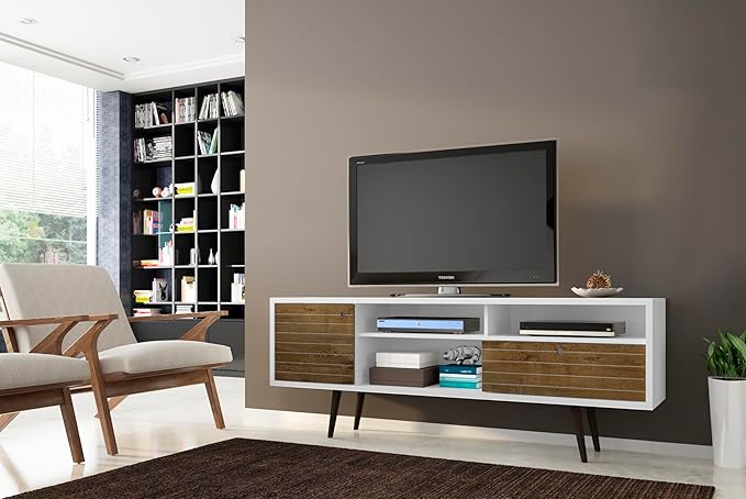 Manhattan Comfort Liberty Mid Century Modern TV Stand for Televisions up to 65 Inches, Bedroom and Living Room Entertainment Center with Storage, Shelves, and Cabinet, 71" Wide, White/Rustic Brown - LeafyLoom