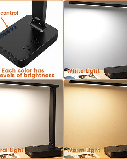 cozoo Desk Lamps for Home Office,Modern LED Desk Lamp for Dorm with 2 USB Charging Ports/Type C Port,2 AC Outlets,3 Lighting Mode,3 Level Brightness,Touch Control/Timer/Eye-Caring Foldable Table Lamp - LeafyLoom