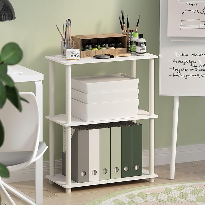 Furinno Turn-N-Tube 3-Tier Compact Multipurpose Shelf Display Rack, White/White - LeafyLoom