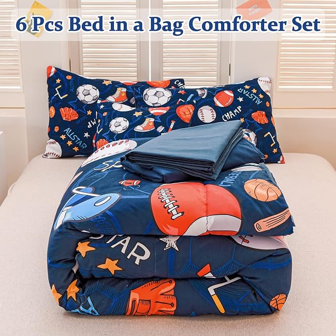 Sports Comforter Set with Sheet, 6 Pcs Bed in A Bag Twin Size Soccer Basketball Baseball Football Bedding Set for Boys Kids - LeafyLoom