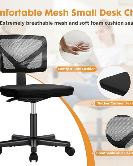 Sweetcrispy Armless Desk Chair - Small Home Office Chair with Wheels, Mesh Low Back Task Chair with Lumbar Support and Wheels, Adjustable Height 360° Rolling Swivel Computer Chair without Arm, Black - LeafyLoom