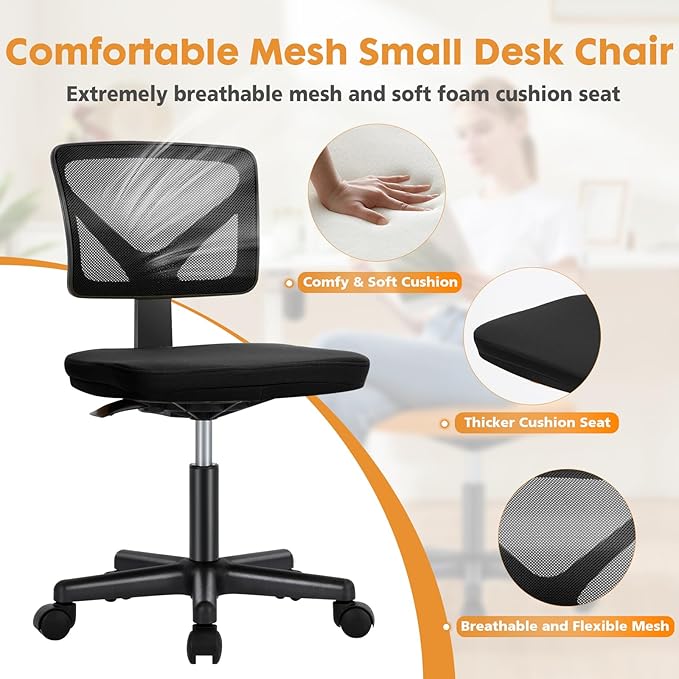 Sweetcrispy Armless Desk Chair - Small Home Office Chair with Wheels, Mesh Low Back Task Chair with Lumbar Support and Wheels, Adjustable Height 360° Rolling Swivel Computer Chair without Arm, Black - LeafyLoom