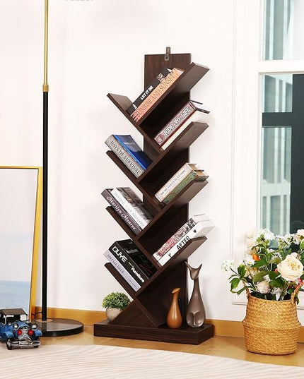 BATHWA Set of 2 Tree Bookshelves, Double 8 Shelf Tree Bookcases, Narrow I Shaped Book Shelves for Home Office, Rustic Wood Open Shelf Organizer Racks for Book CDs Magazines - LeafyLoom