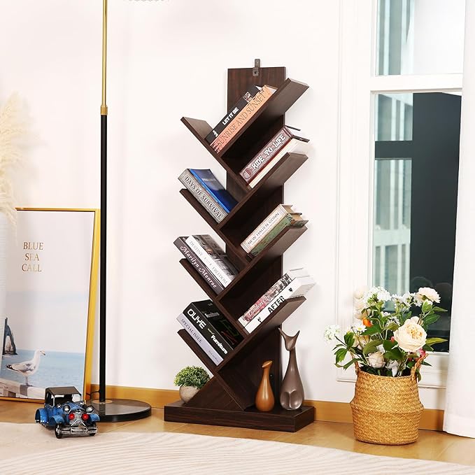 BATHWA Set of 2 Tree Bookshelves, Double 8 Shelf Tree Bookcases, Narrow I Shaped Book Shelves for Home Office, Rustic Wood Open Shelf Organizer Racks for Book CDs Magazines - LeafyLoom