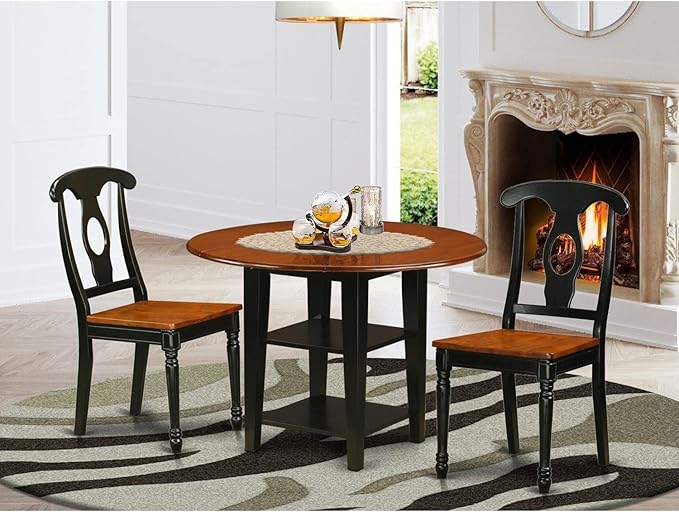 East West Furniture SUKE3-BCH-W Sudbury 3 Piece Room Furniture Set Contains a Round Kitchen Table with Dropleaf & Shelves and 2 Dining Chairs, 42x42 Inch - LeafyLoom
