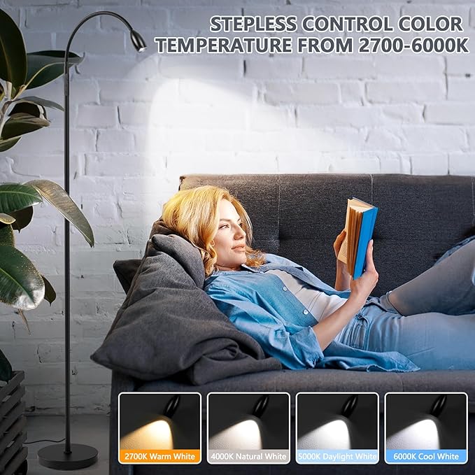 Reading Floor Lamp, 72" Tall LED Lamp with Flexible Gooseneck, Dimmable Zoomable Spotlight, Adjustable Color Beam Standing Lamp, Touch & Remote Control, Task Craft Bedroom Living Room, Matte Black - LeafyLoom