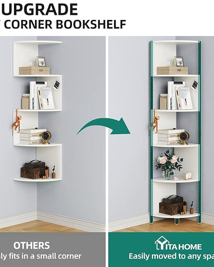 YITAHOME 6-Tier Corner Shelf, 68.8" Tall Modern Free Standing Zigzag Corner Bookshelf, 6 Shelf Display Corner Bookcase Open Small Book Shelves for Living Room, Home Office, Small Space, White - LeafyLoom