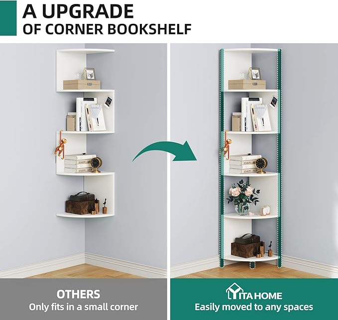YITAHOME 6-Tier Corner Shelf, 68.8" Tall Modern Free Standing Zigzag Corner Bookshelf, 6 Shelf Display Corner Bookcase Open Small Book Shelves for Living Room, Home Office, Small Space, White - LeafyLoom