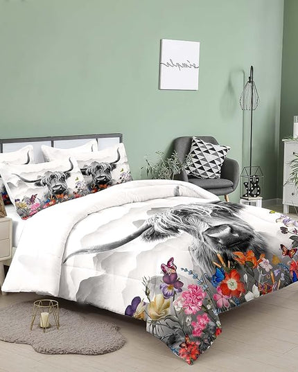Tailor Shop Highland Cow Comforter Sets Twin Size,Highland Cow Bedding Set for Teens Kids Man,Cattle Comforter Western Animal Wildlife Farmhouse Bull Mountain Flower Comforter with 1 Pillowcase - LeafyLoom