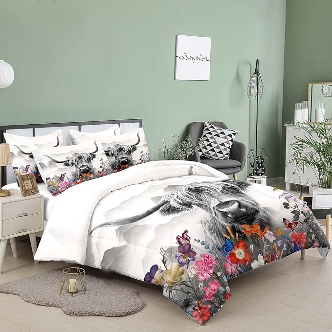 Tailor Shop Highland Cow Comforter Sets King Size,Highland Cow Bedding for Teens Kids Man,Cattle Western Bedding Wildlife Farmhouse Bull Mountain Flower Comforter with 2 Pillowcase - LeafyLoom