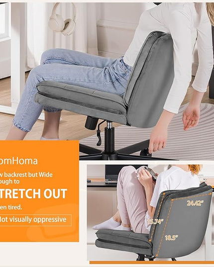 COMHOMA Criss Cross Chair with Wheels, Armless Wide Cross Legged Office Chair Mid Back, Modern Home Office Desk Chair Swivel Adjustable Vanity Computer Chair, Gray Velvet - LeafyLoom