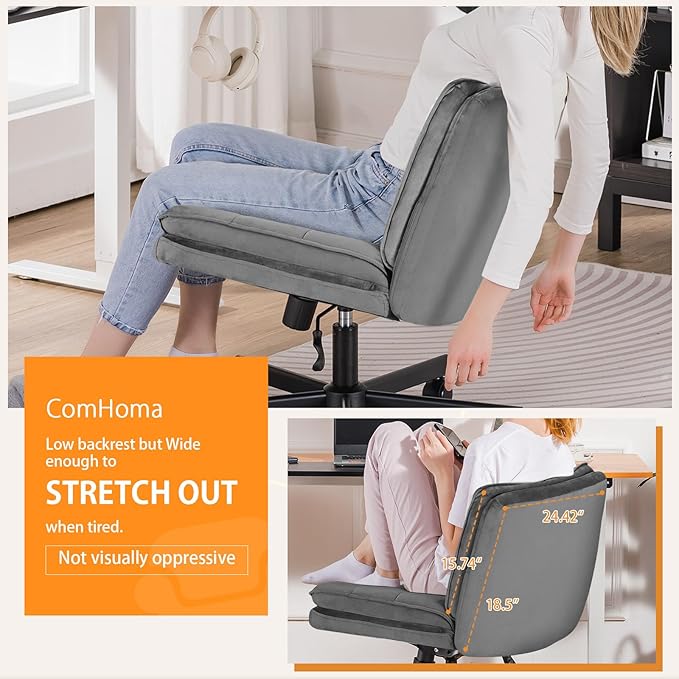 COMHOMA Criss Cross Chair with Wheels, Armless Wide Cross Legged Office Chair Mid Back, Modern Home Office Desk Chair Swivel Adjustable Vanity Computer Chair, Gray Velvet - LeafyLoom