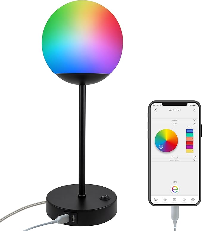 Enbrighten Bedside Decor Lamp Tabletop Wi-FI Dimmable Color Changing Music-Sync 2-Port USB-charging Station 2.4A Dorm Bedroom Home Office Living Room Compatible with Alexa 70331 Black - LeafyLoom