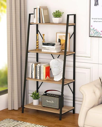 BON AUGURE Farmhouse Ladder Shelf Bookcase, 4 Tier Rustic Ladder Bookshelf, Standing Leaning Book Shelves for Living Room (Vintage Oak) - LeafyLoom