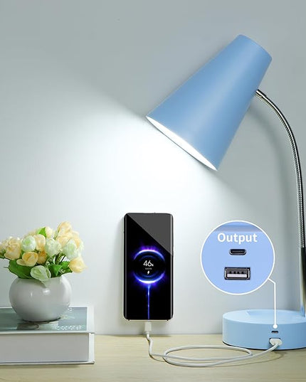 RUNTOP Metal Desk Lamp, Eye-Caring Table Lamp, Study Lamps with Flexible Goose Neck for Bedroom and Office, Desk lamp with USB, 5 Color Temperatures, 5 Brightness Levels (Blue) - LeafyLoom