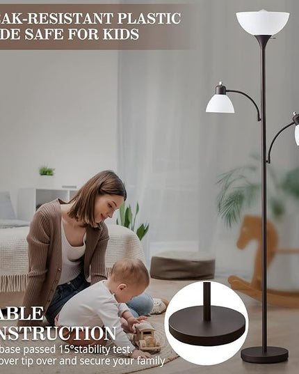 Luvkczc Torchiere Floor Lamps for Living Room with 2 Reading Lamps, Modern Tall Standing Lamps, Industrial Bright Floor Lamp for Bedroom, Office, Dresser, 3 LED Bulbs Included - LeafyLoom
