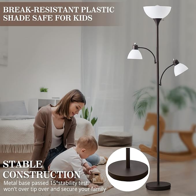 Luvkczc Torchiere Floor Lamps for Living Room with 2 Reading Lamps, Modern Tall Standing Lamps, Industrial Bright Floor Lamp for Bedroom, Office, Dresser, 3 LED Bulbs Included - LeafyLoom