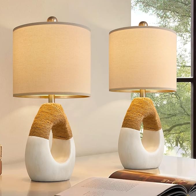 OYEARS Boho Table Lamps Bedroom Living Room Set 2 Small Farmhouse Rattan Table Lamp 19”Rustic Home Decoration Nightstand Bedside Lamp for Office Compatible with Smart Light Bulbs(Not include Bulbs) - LeafyLoom